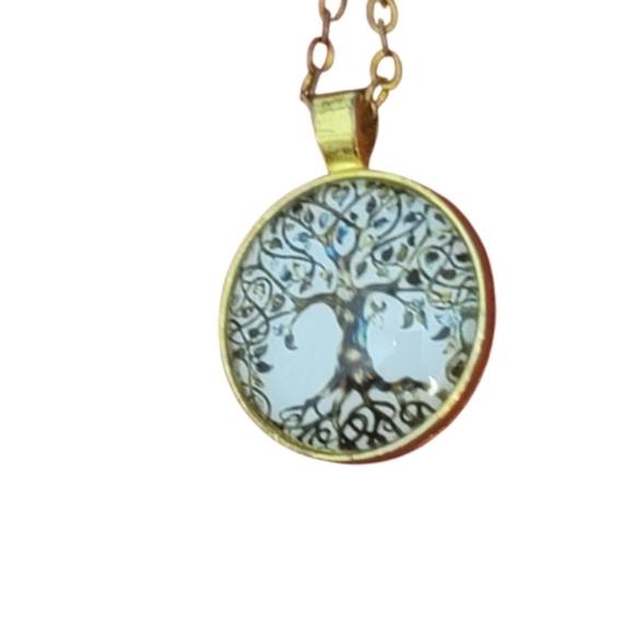 Gold Tree of Life Pendant Necklace Cabochon Statement Gift - Picture 2 of 4